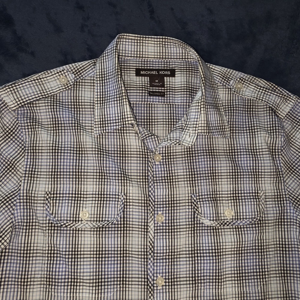 Michael Kors Tailored Fit Short Sleeve Button Up Plaid Shirt Mens Size Medium